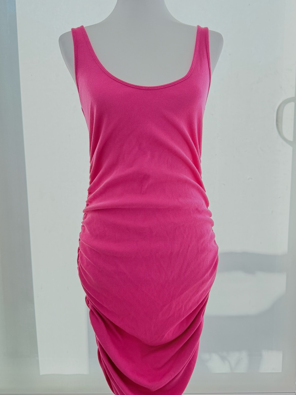 NWT Monrow Women's Ribbed Ruched Scoop Tank Dress - Hot Pink